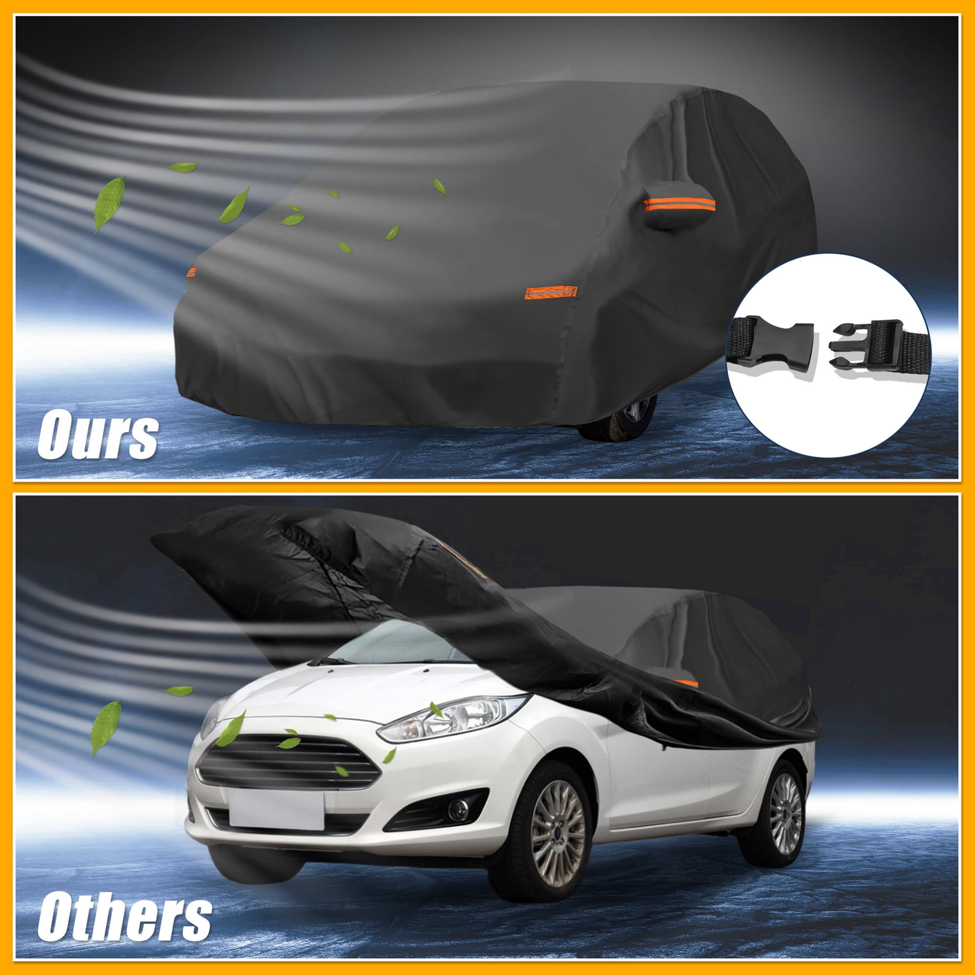 Unique Bargains All-Weather Waterproof Car Cover - UV-Resistant Outdoor Full Exterior Protection Black with Right Side Zipper Black for Ford Fiesta Sedan 2008-2022