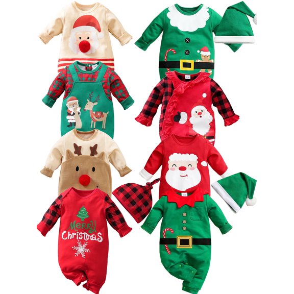 ATAIKU Merry Christmas Infant Baby Boy Girl Cotton Outfit Newborn Infant Xmas Romper Jumpsuit with Hat 0-3 Months