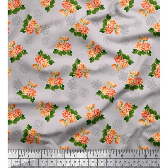 Soimoi Gray Silk Fabric Snowflake & Grandiflora Roses Floral Decor Fabric Printed Yard 42 Inch Wide
