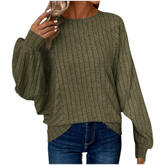 WCMZJ Womens Plus Size Fall Shirts 2024 Round Neck Long Sleeve Tops Casual Loose Fitting Soft Ribbed Knit Tunic Blouse Army Green 5XL