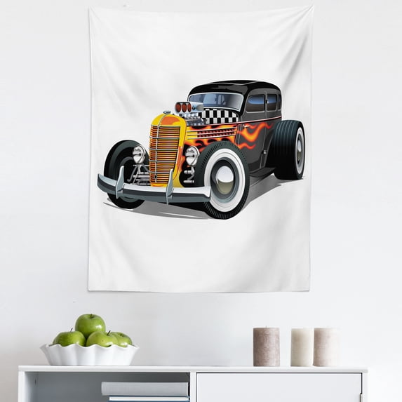 Car Tapestry, Cartoon Drawing of Retro Automobile Nostalgic Antique Classic Racer Vehicle, Fabric Wall Hanging Decor for Bedroom Living Room Dorm, 5 Sizes, Dark Grey Vermilion, by Ambesonne