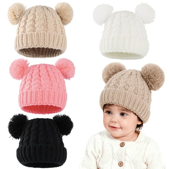 4 Pack Knit Hat for Kids 0-3 Years, Baby Kids Winter Warm Beanie Hats, Infant Toddler Girls Boys Pom Pom Beanie Knit Cap