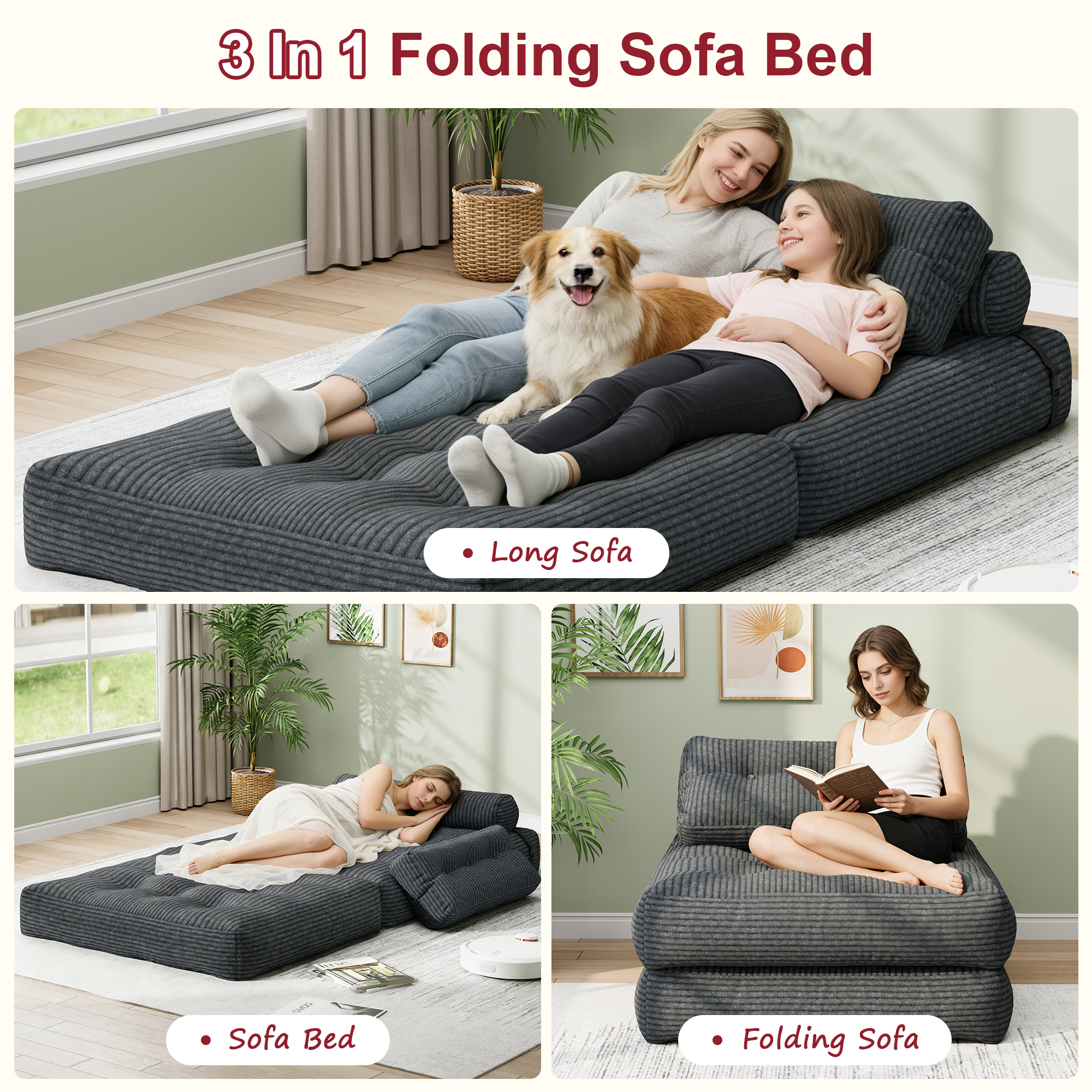 Mr Ironstone 3-in-1 Folding Sofa Bed with Pillow, Grey photo 2