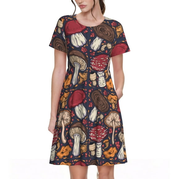 Balery Forest Wild Mushroom Vestidos sueltos de manga corta para mujer, vestidos de verano 2025, vestidos casuales de corte A con vuelo.