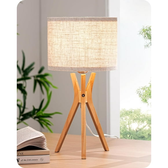 ERDS-Tripod Table Lamp, 17.5" Modern Bedside Lamp with Natural Wood-Colored Lamp Legs & Beige Linen Lampshade, Boho Nightstand Lamp for Bedroom, Living Room, Reading Room, E26 Base