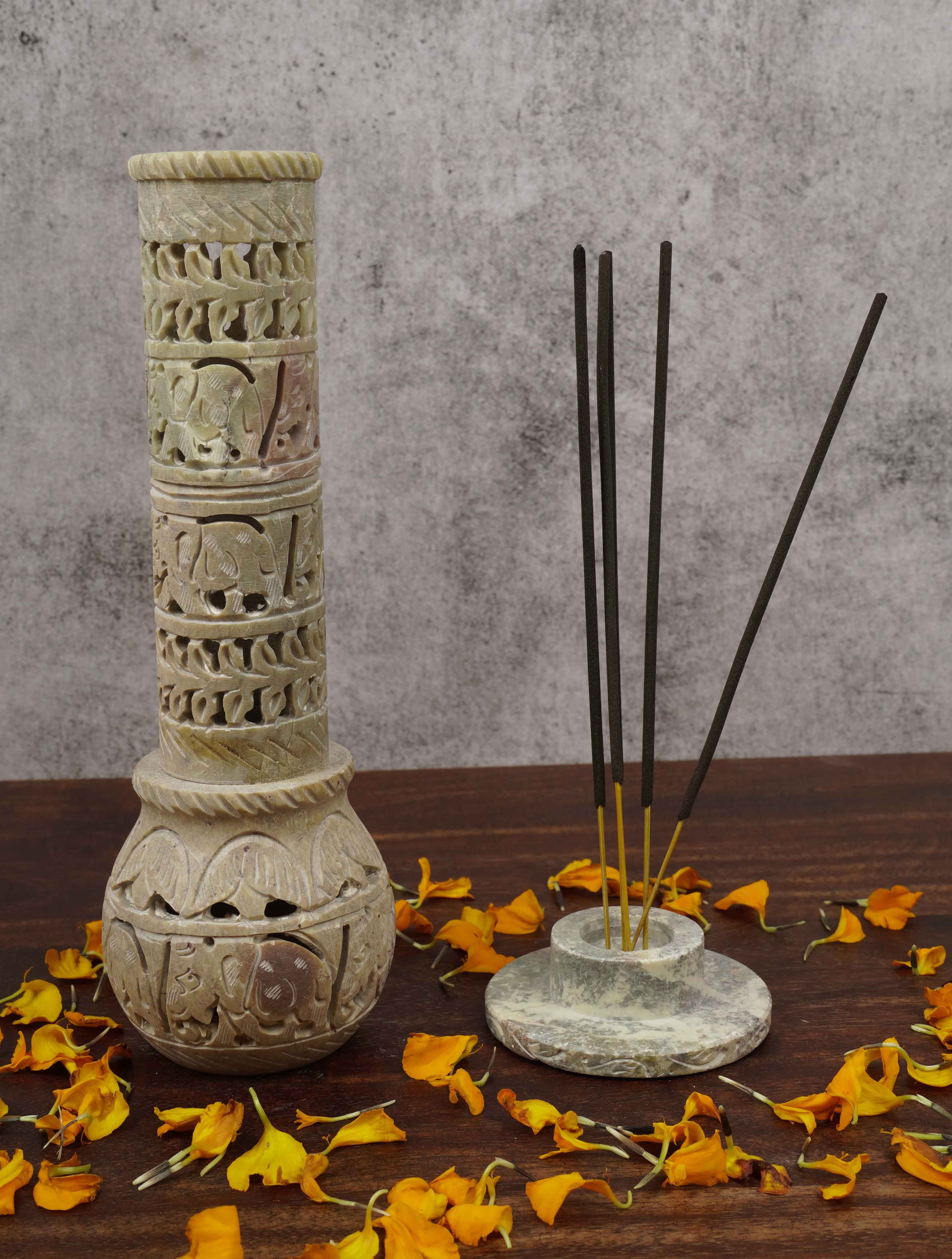 IBA Indianbeautifulart Handmade Stone Incense Stick Burner | Candle Stick Holder | Tea Light Burner , Perfect Elephant Carving for Gifting- Decorative Home and Kitchen Decor (9x 1.7 Inches)