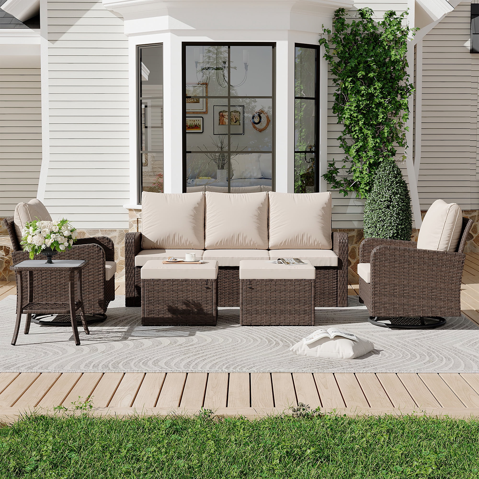 Homrest 6 Piece Patio Conversation Sets with Sofa Couch, Rattan Wicker Swivel Chairs with 2 Ottoman, Coffee Table & Cushions, Outdoor Furniture Sets for Garden, Poolside, Backyard (Khaki)
