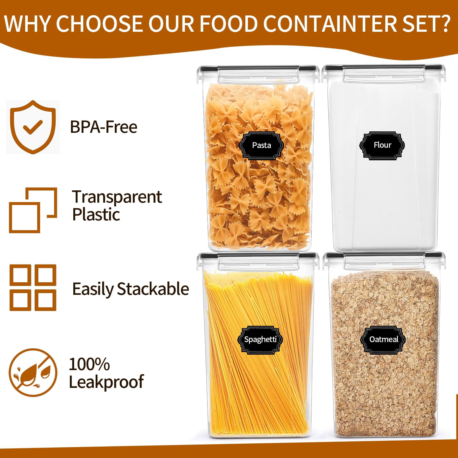 6.5L Food Storage Containers 4 Pack Airtight Kitchen Pantry Organization