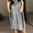 thumbnail image 2 of Womens Wedding Guest Dresses Short Sleeve Summer Cloak Style Solid Color Waist High Neck Sequin Dress Silver M, 2 of 8