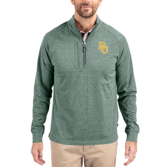 Women's-Cutter & Buck  Heather Green Baylor Bears Adapt Eco Knit Stretch Recycled DryTec Raglan Quarter-Zip Pullover