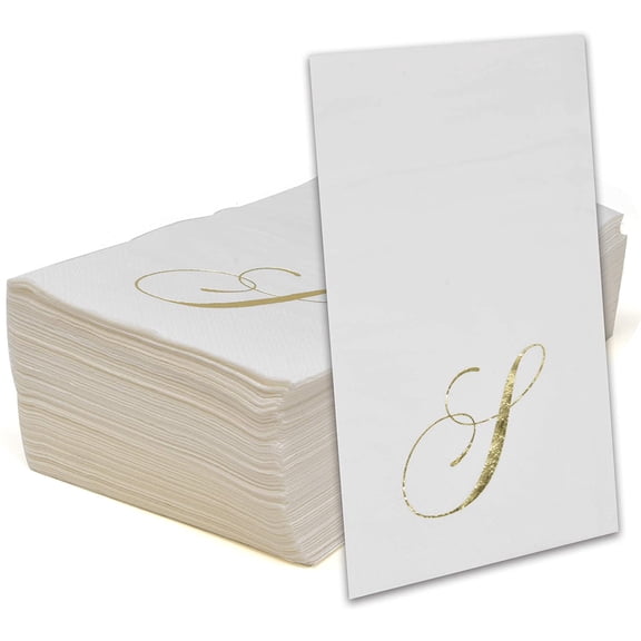 Gift Boutique Monogram Guest Napkins Letter S, 100 Count Gold Foil Disposable Paper Napkins, 2-Ply Elegant Dinner & Bathroom Napkins, White