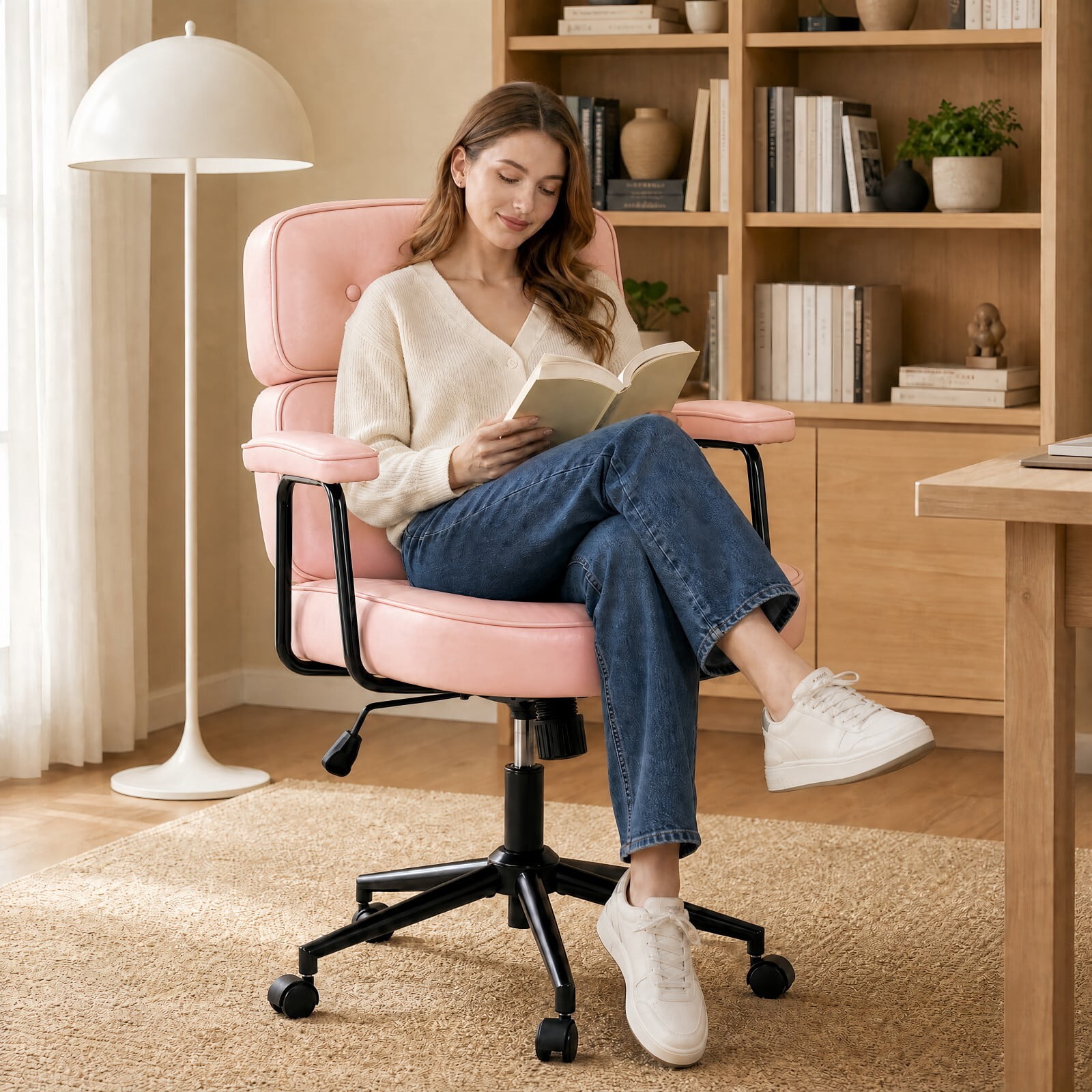 Kelno Ergonomic PU Leather Office Chair 350lbs Capacity High Back Computer Chair with Lumbar Support Adjustable Rolling Swivel Task Chair, Pink