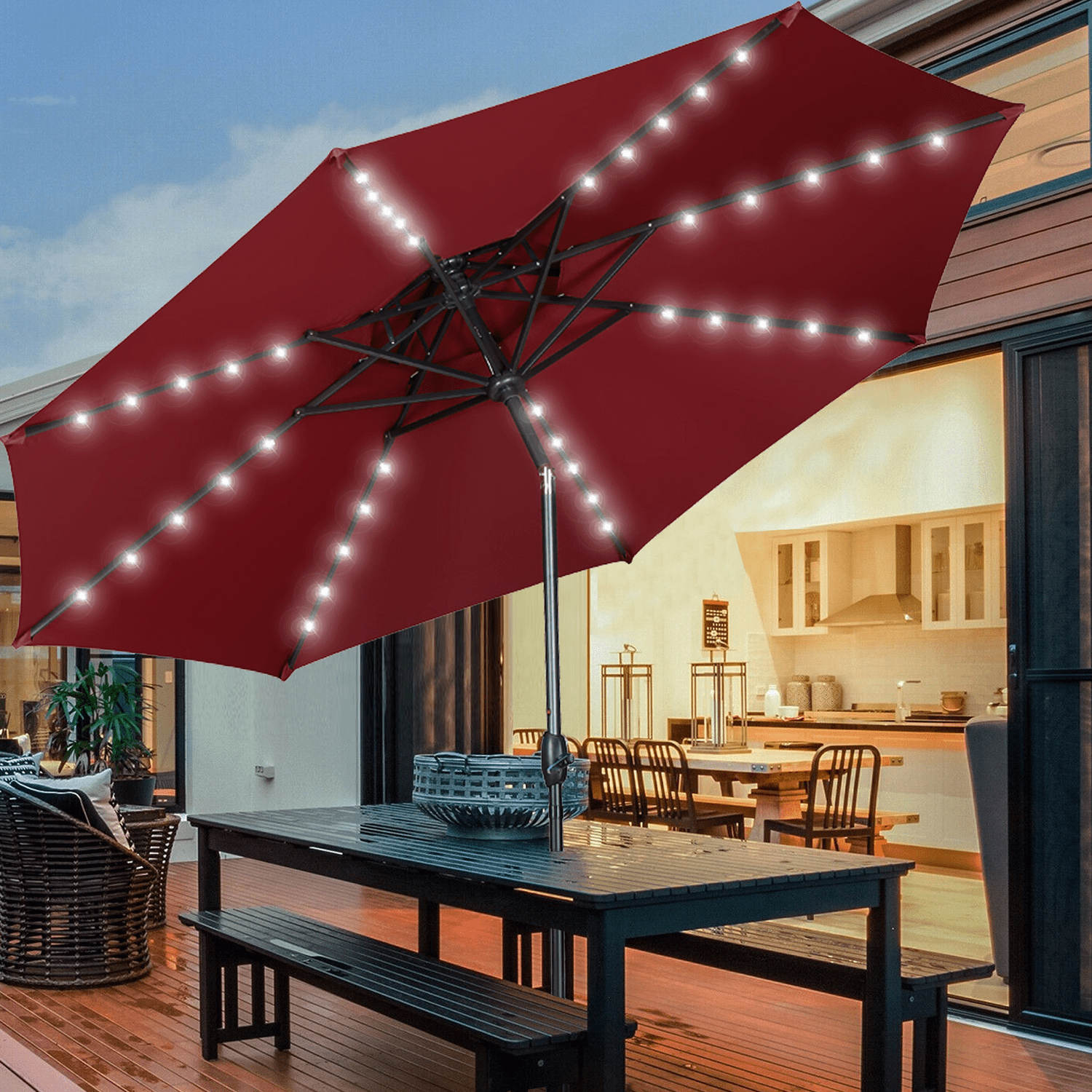 Autlaycil 2-Tier Patio Umbrella with Solar Lights 10ft Outdoor Umbrella  with Tilt and Crank Market Umbrella with Base, Red - Walmart.com
