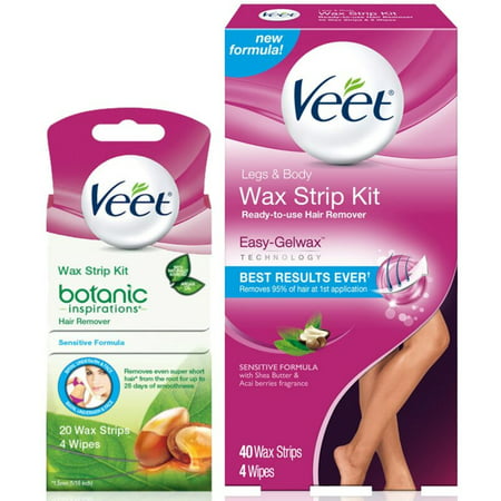 Veet Wax Strip Kit, Legs & Body 40 Ct & Botanic Inspirations Wax Strip Kit, Bikini, Underarm, Face 20 Ct, 1 (Best Underarm Wax At Home)