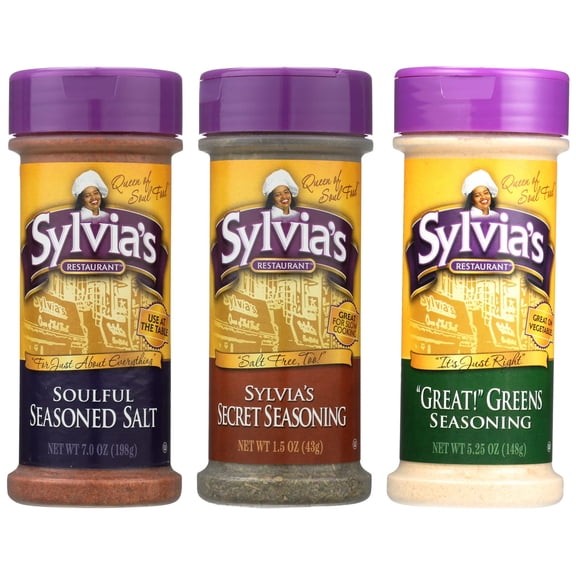 Sylvia's Seasoning Variety Pack, (Great! Greens Seasoning 5.25oz, Soulful Seasoned Salt 7oz, and Secret Seasoning 1.5oz) 3 Containers H1