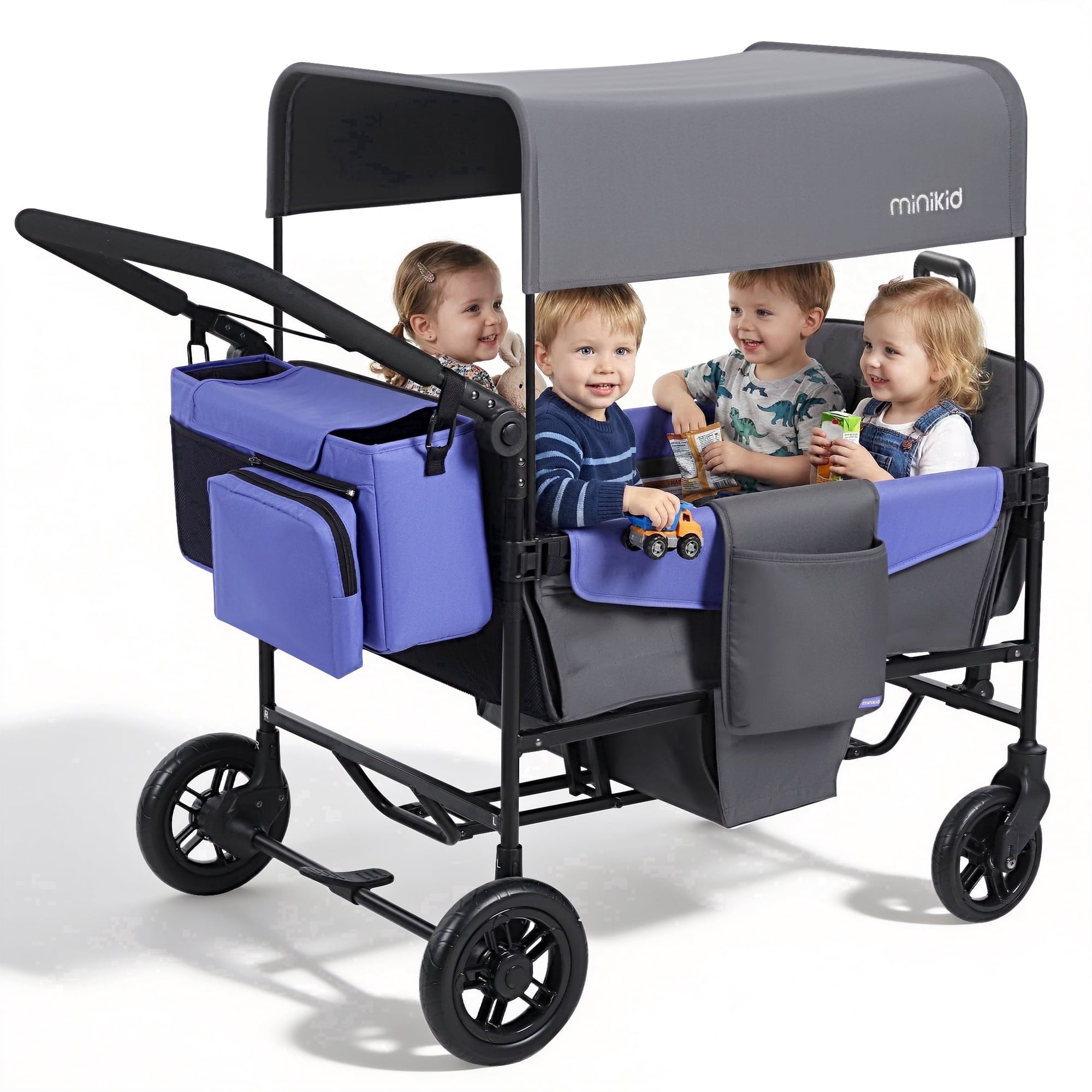 Vipuse Baby Wagon Stroller for 4 Kids, Toddler Stroller with Canopy, 5-Point Harness, Adjustable Handlebars,Gray