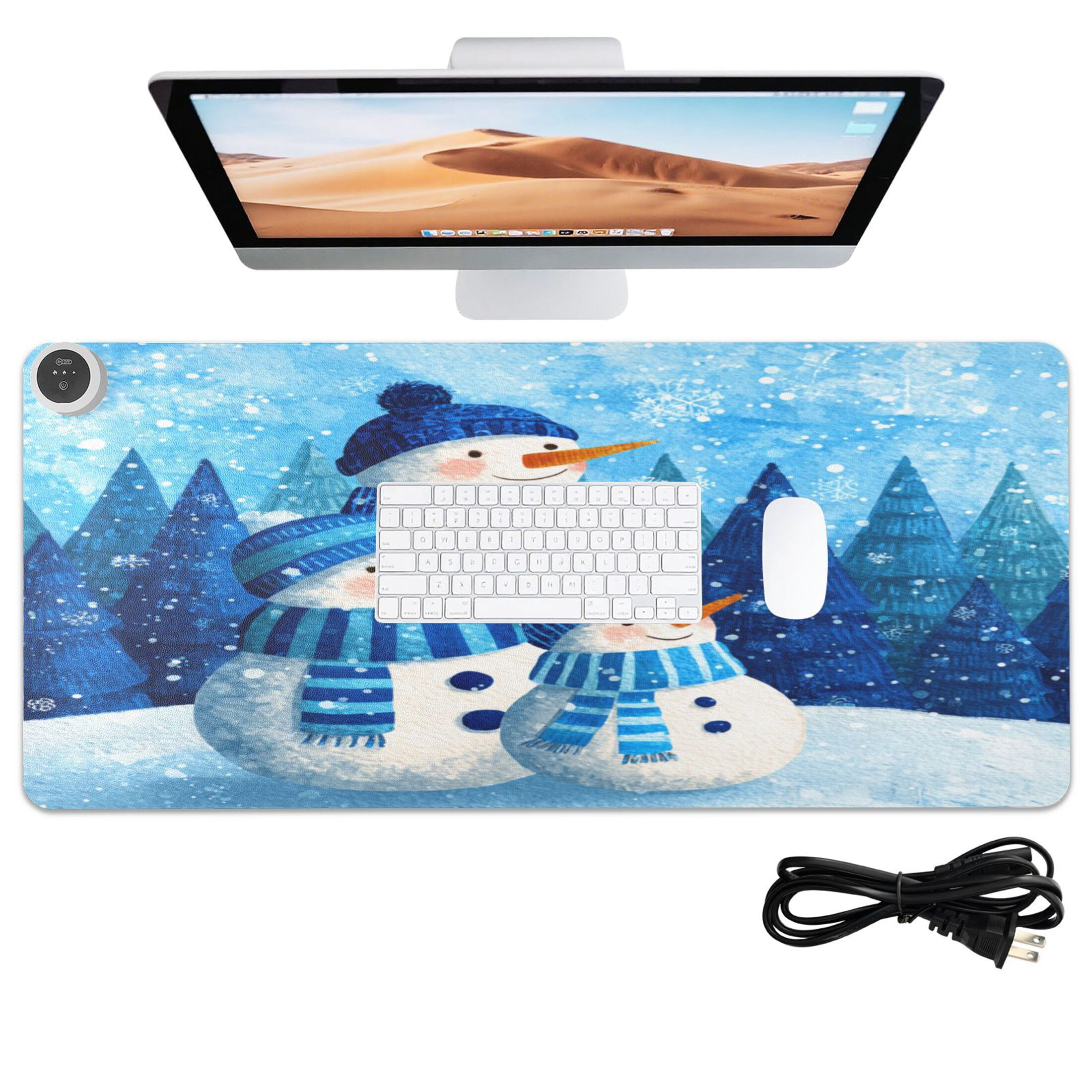 Large Heated Desk Mat Mouse Pad 31.5"x13"PU Leather Graphene Heating Desk Warmer with 3 Temperature Settings 110V US Plug Non-Slip Warm Pad for Home, Office, and Gaming Three Blue Cute Snowmen