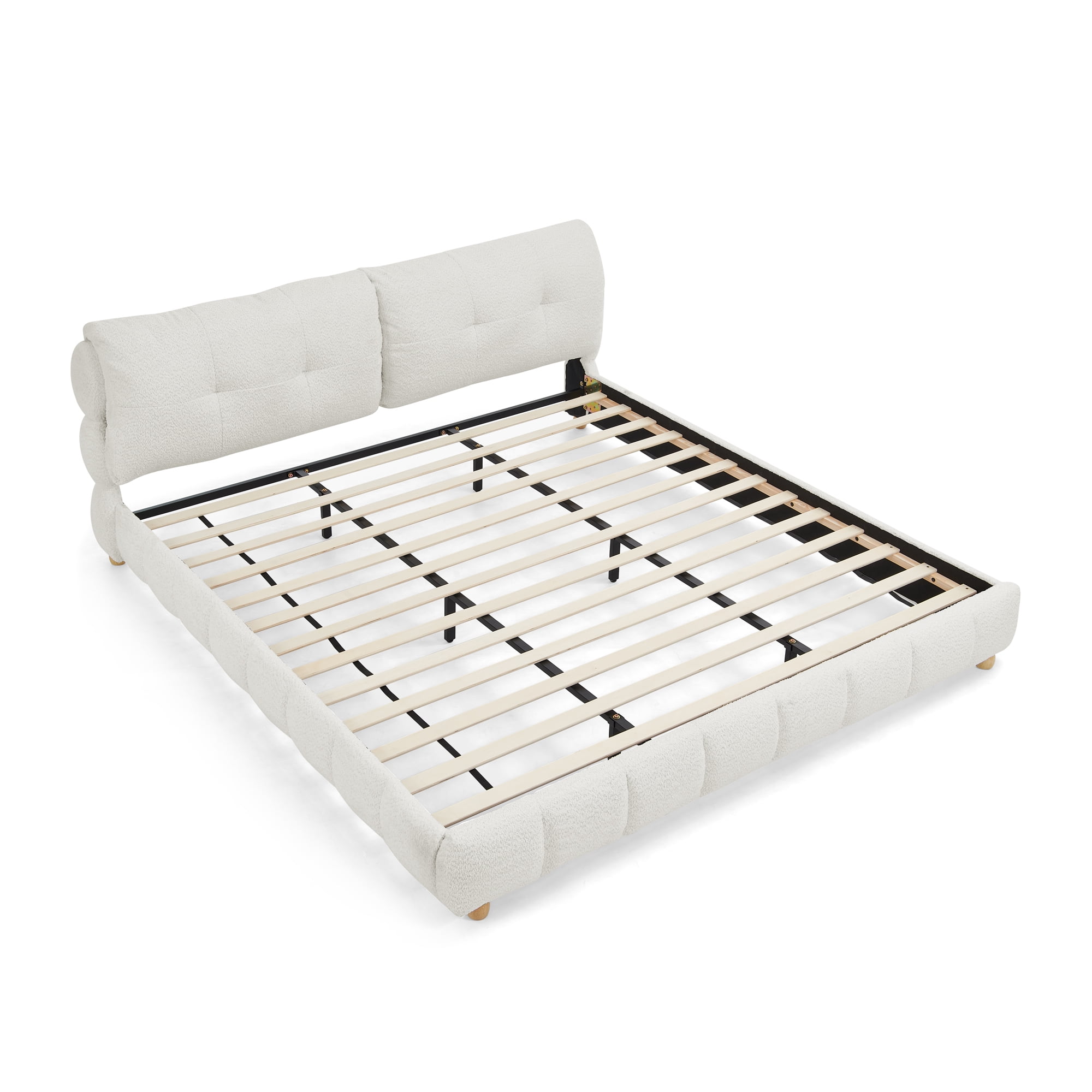 King Size Bouclé Fabric Platform Bed, Soft Cloud-Like Upholstered Frame, No Box Spring Needed