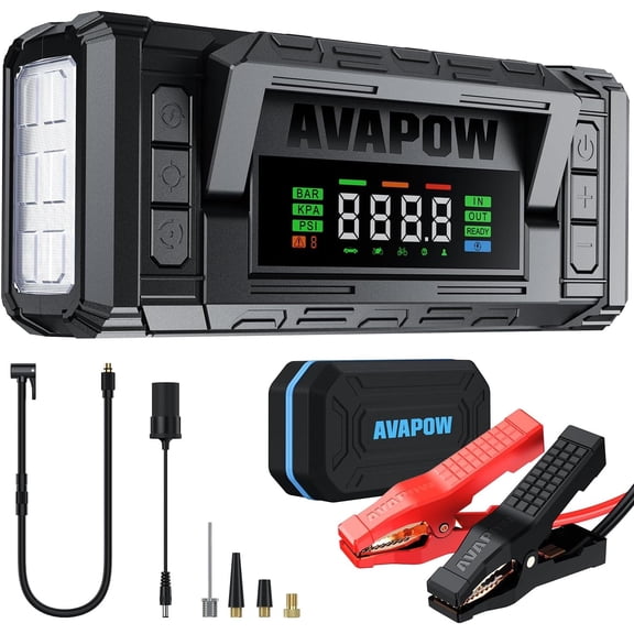 AVAPOW 10000A Jump Starter with Air Compressor, 12V Portable Jump Box | Starts All Gas & All Diesel, Built-in 150PSI Air Compressor, 30W PD Fast Charging, 4" HD Display, EVA Case