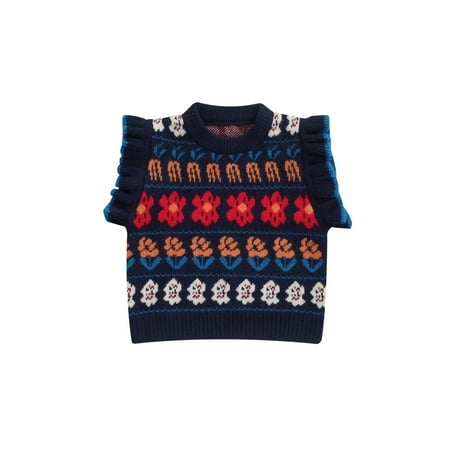 

JBEELATE Toddler Baby Girl Clothes Knit Sweater Vest Floral Block Print Sleeveless Pullover Lettuce Shoulder Outfits