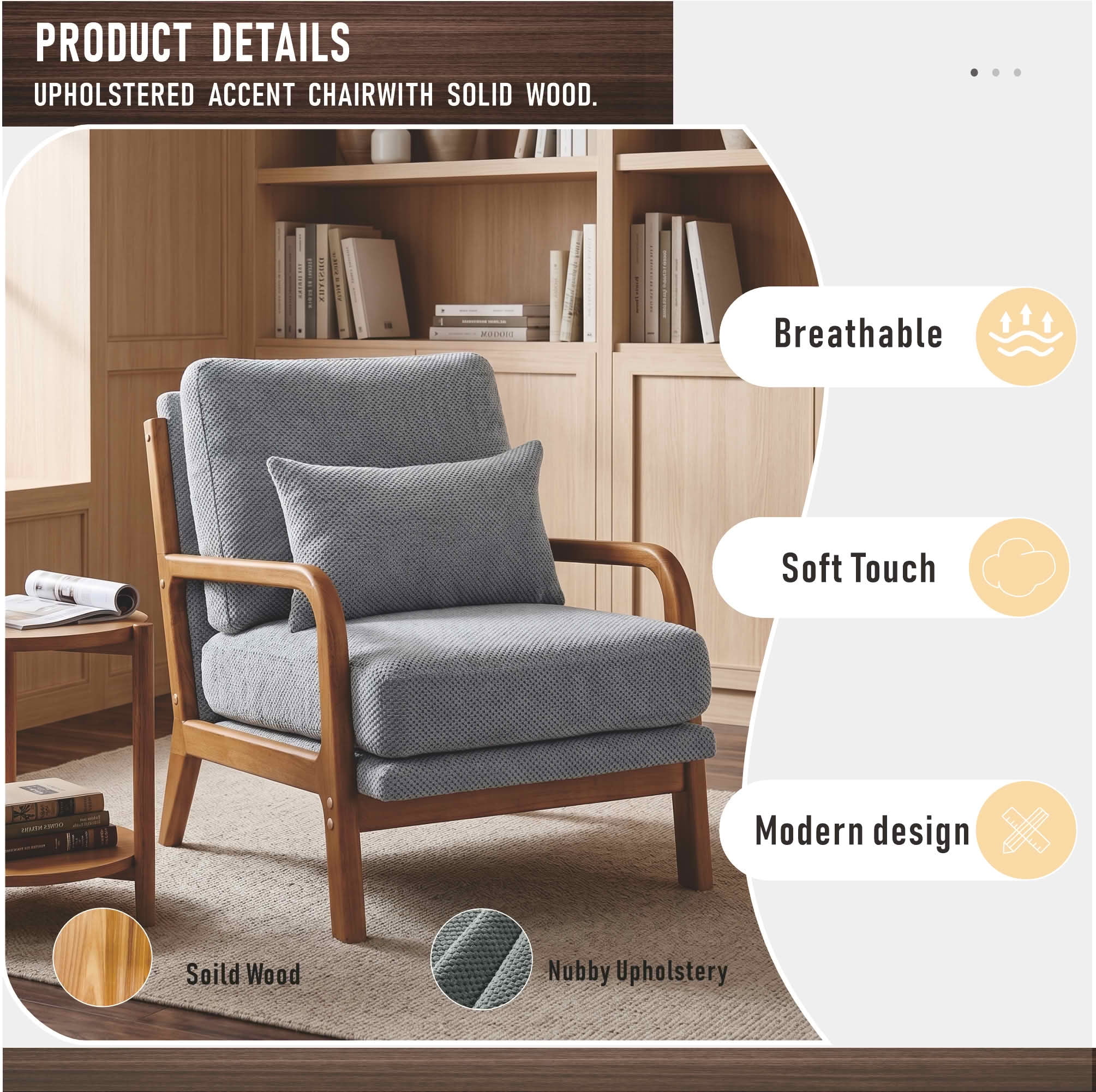 MAYEERTY 26 In Nubby Fabric Lounge Chair, Solid Wood Armrests, Lumbar Pillow, Light Gray, 300 lb