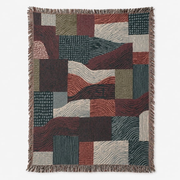 Abstract Patchwork in Muted Teal, Burgundy and Sage Woven Throw Blanket, 100% Cotton, Modern Geometric Decor