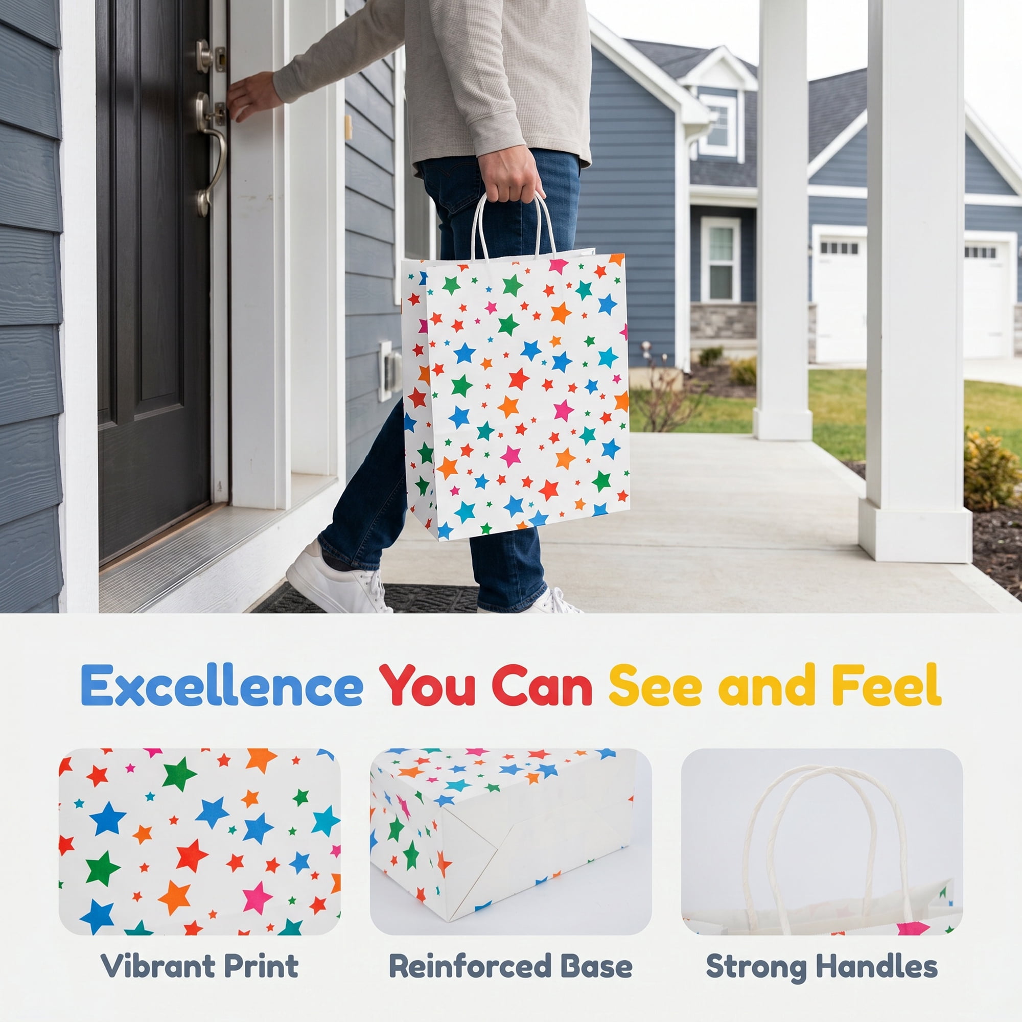 Unique Bargains 6Pcs Creamy Aesthetic Gift Bags with Handles Star 5.9" x 3.1" x 8.3"