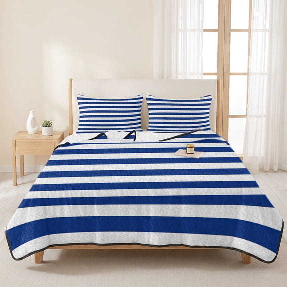 3 Piece Summer Bed Quilt Set King Size,Navy Stripe Lightweight Bedspread Coverlet with 2 Pillowcases Blue and White Soft Comforter Bedding Quilts for All Season