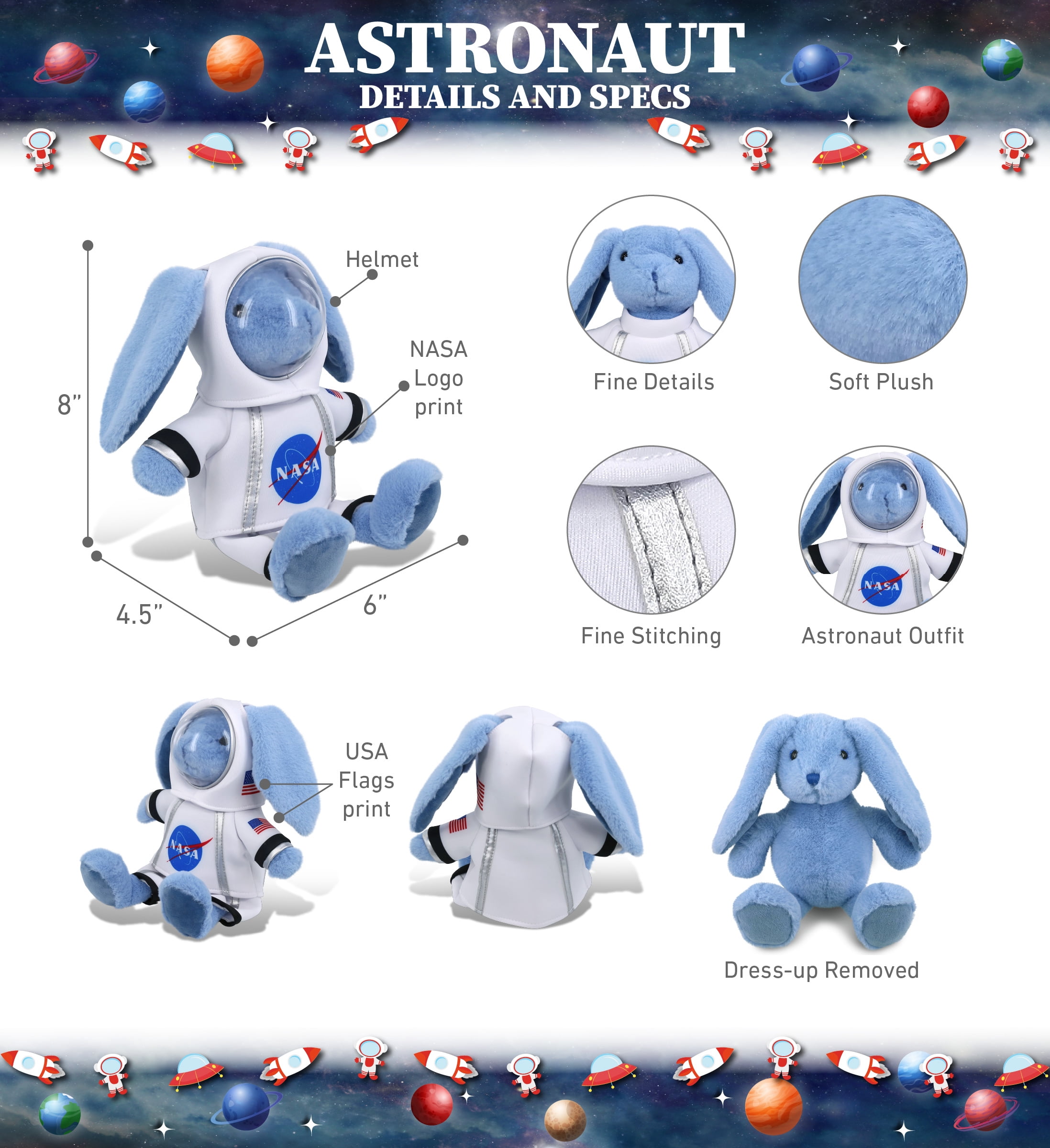 DolliBu Baby Blue Rabbit Astronaut Plush Toy - Super Soft Farm Life Astronaut Stuffed Animal with Space Helmet and NASA Astronaut Suit, Spaceman Doll Decor for Girls and Boys - 8 Inch