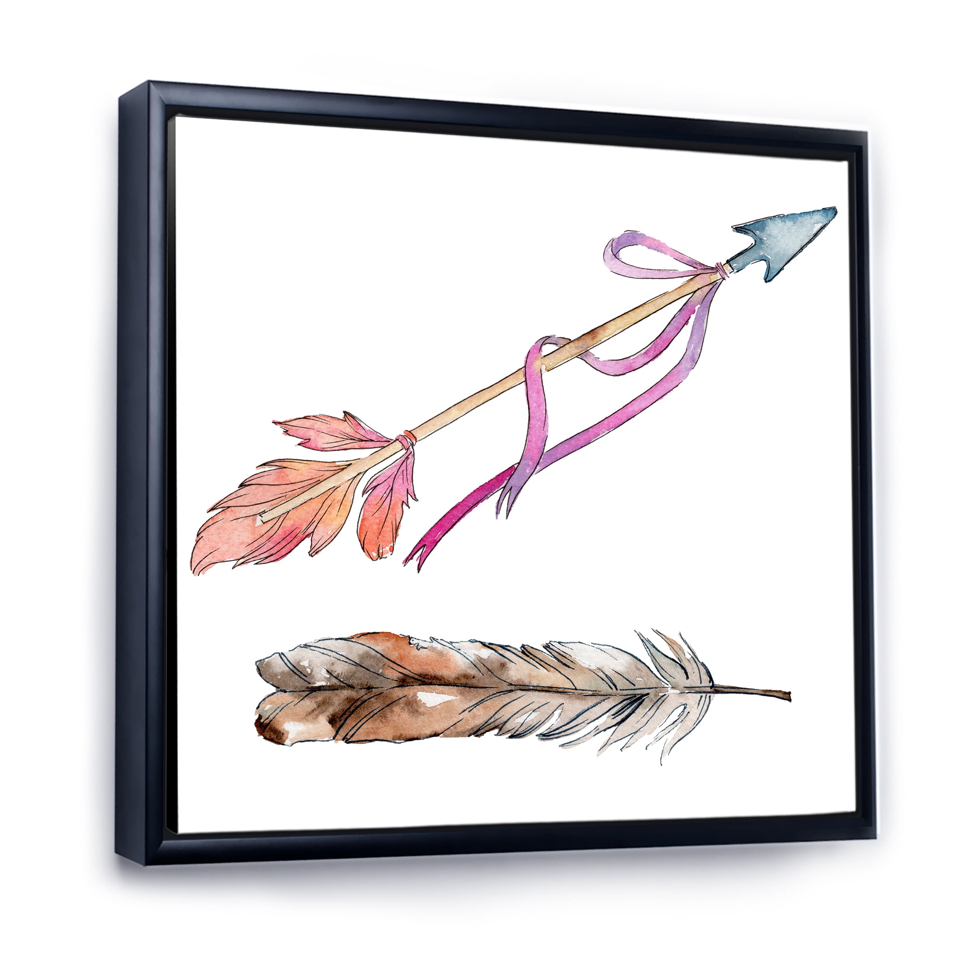 Designart 'Pink Bird Feather From Wing on Arrow' Bohemian & Eclectic Framed Canvas Wall Art Print