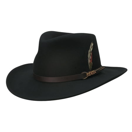 Scala Size Large Mens Wool Felt Water Repellent Crushable Fedora Hat, Black
