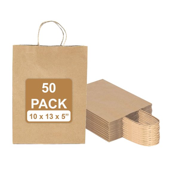 Excellent 50 Pack Brown Paper Bags with Handles -13x10x5 inches Kraft Paper Bags for Grocery, Shopping, Retail Stores - Paper Tote Bags for Small Businesses - Gift Bags for Birthday, Party, Wedding