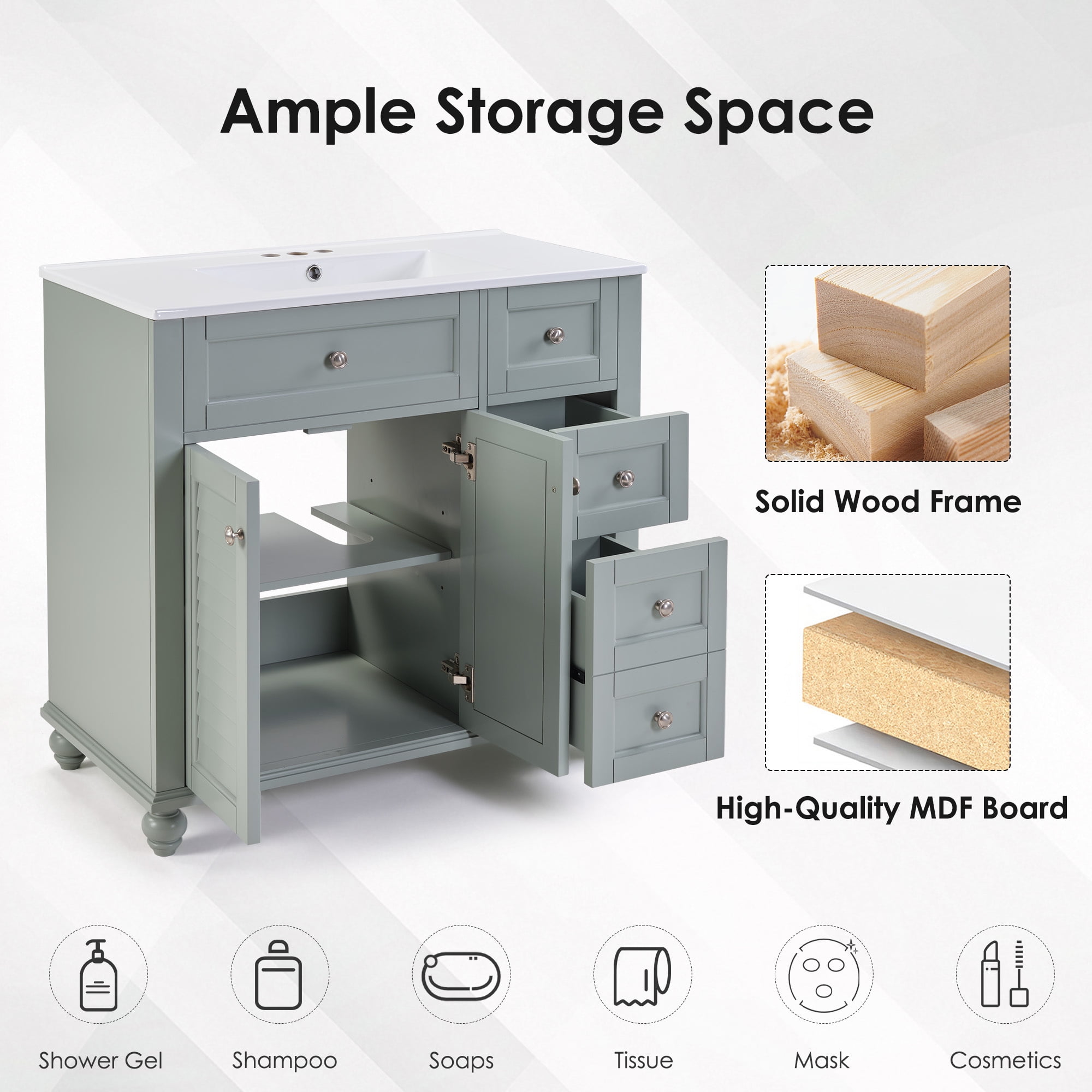 36" Bathroom Vanity with Ceramic Undermount Sink, Modern Simple Vanity Cabinet with Drawers & Doors, Solid Wood MDF Frame Bathroom Storage Cabinet with Combo Sink and Countertop, Blue Grey