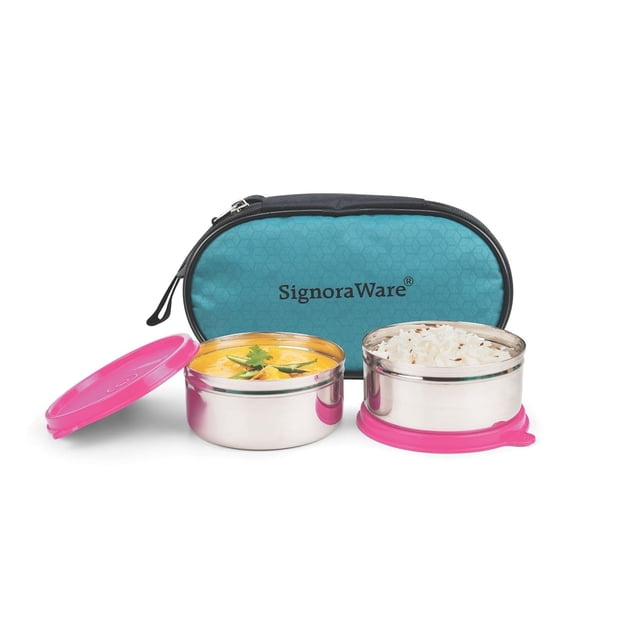 Midday Maxx Fresh Stainless Steel Lunch Box Set - Pink | 2 Containers, 350ml Each - Spill Proof Containers | Airtight, Freezer Safe, Microwave Safe, Dishwasher Safe