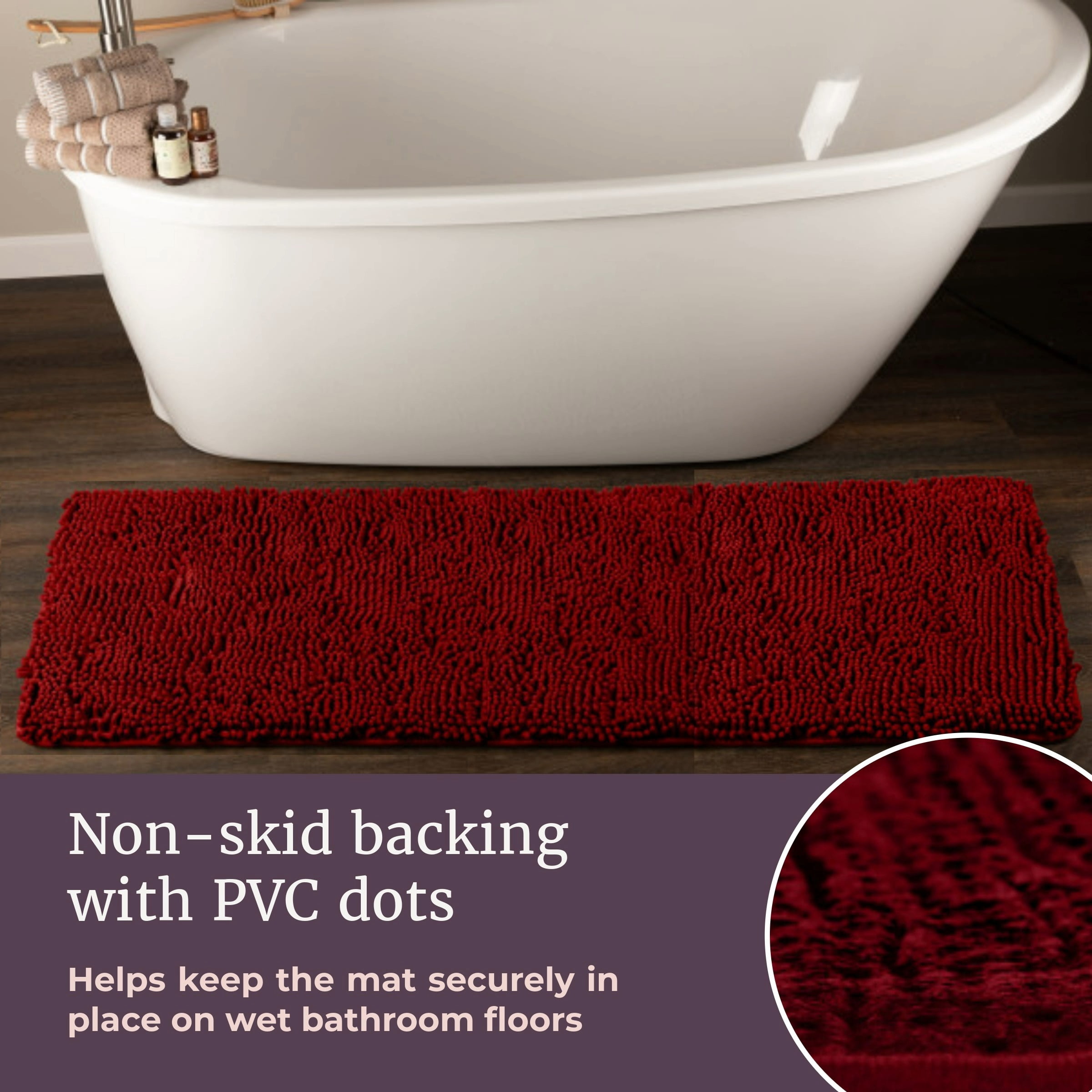 Lavish Home 58x24 Memory Foam Bath Mat with Plush Chenille Shag (Burgundy)