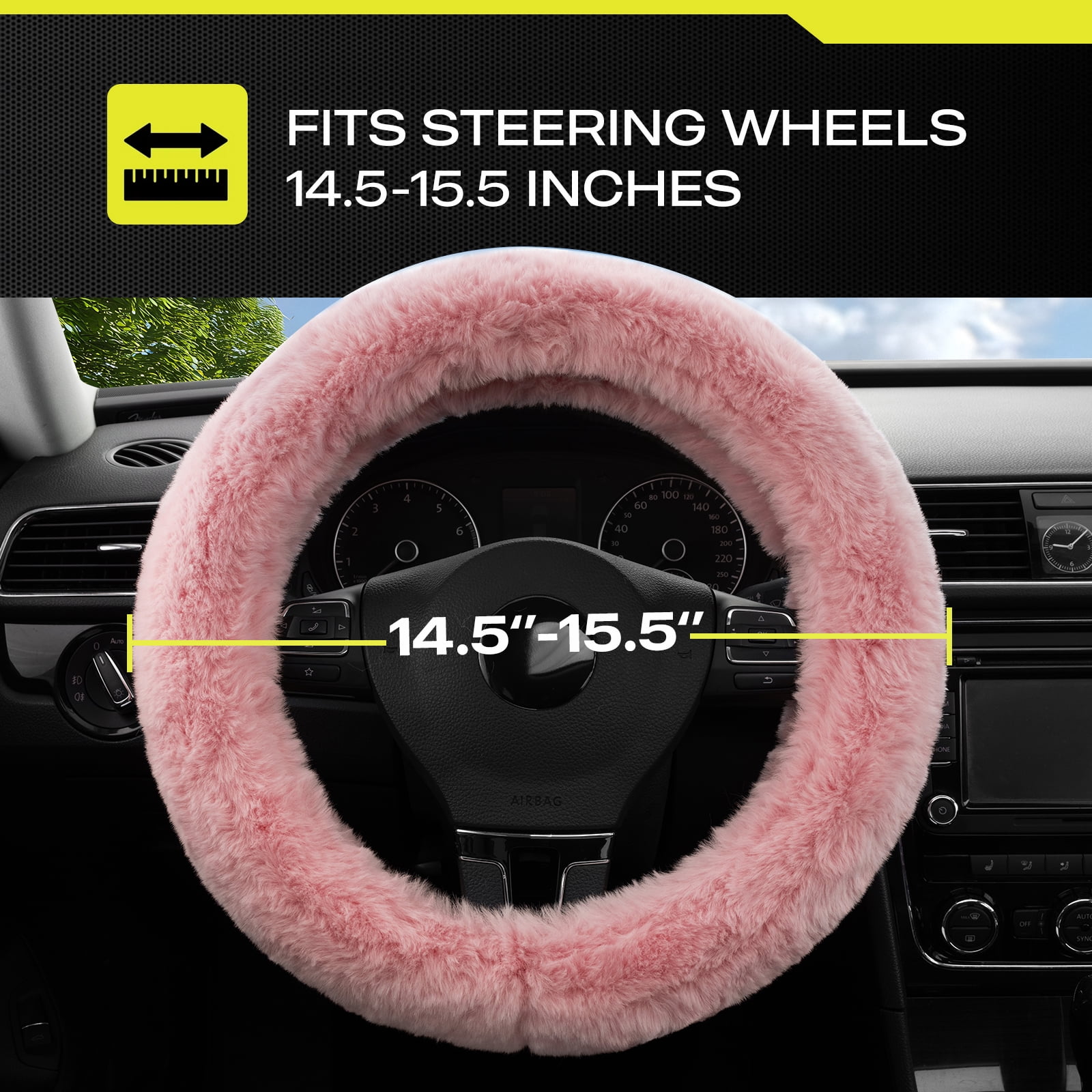 Auto Drive Fuzzy Steering Wheel Cover, Soft Plush Faux Fur Steering Wheel Cover, Cozy Warm Steering Wheel Cover Non-Slip, Universal Fit for Cars SUV Truck, Fits 14.5"–15", Pink
