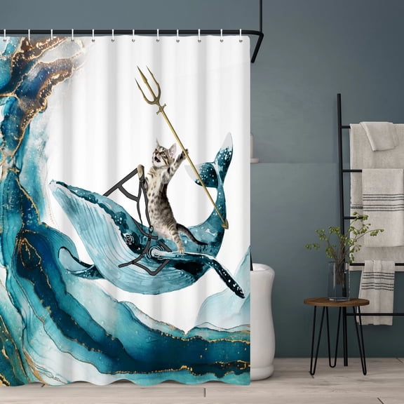 MIZHONA Ocean Dolphin Shower Curtain Funny Cat Coastal Bath Curtain for Bathroom Decor 72"x72"