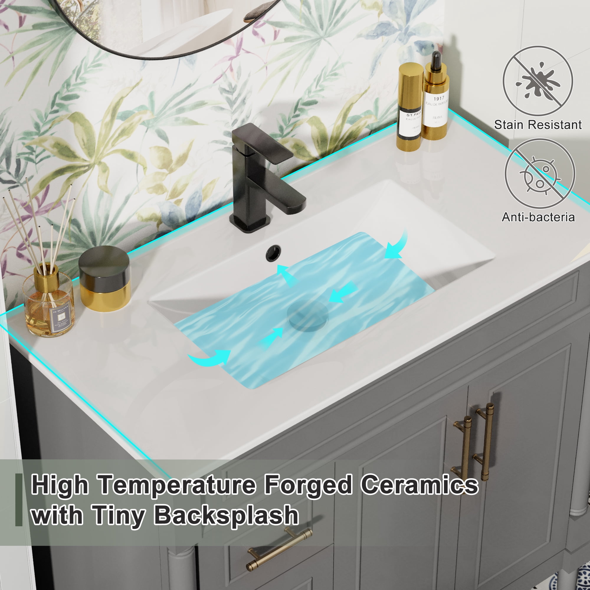 36" Freestanding Bathroom Vanity with Ceramic Sink Top, Faucet, Classic Tapered legs