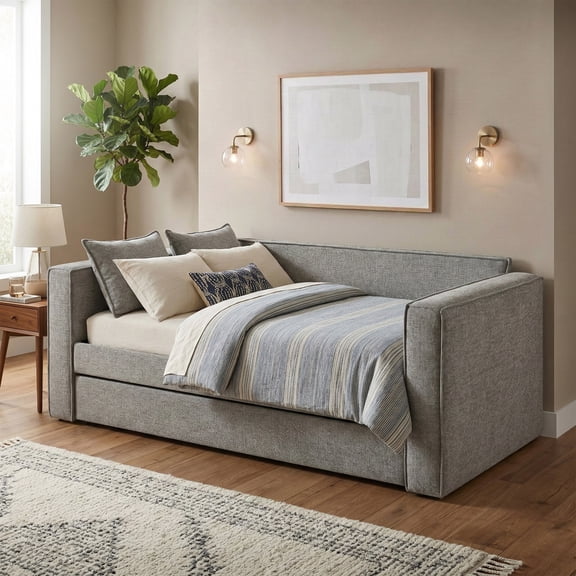 Furniture of America Hearth Fully Fabric Upholstered Square Arm Twin Daybed with Trundle, Slate Gray