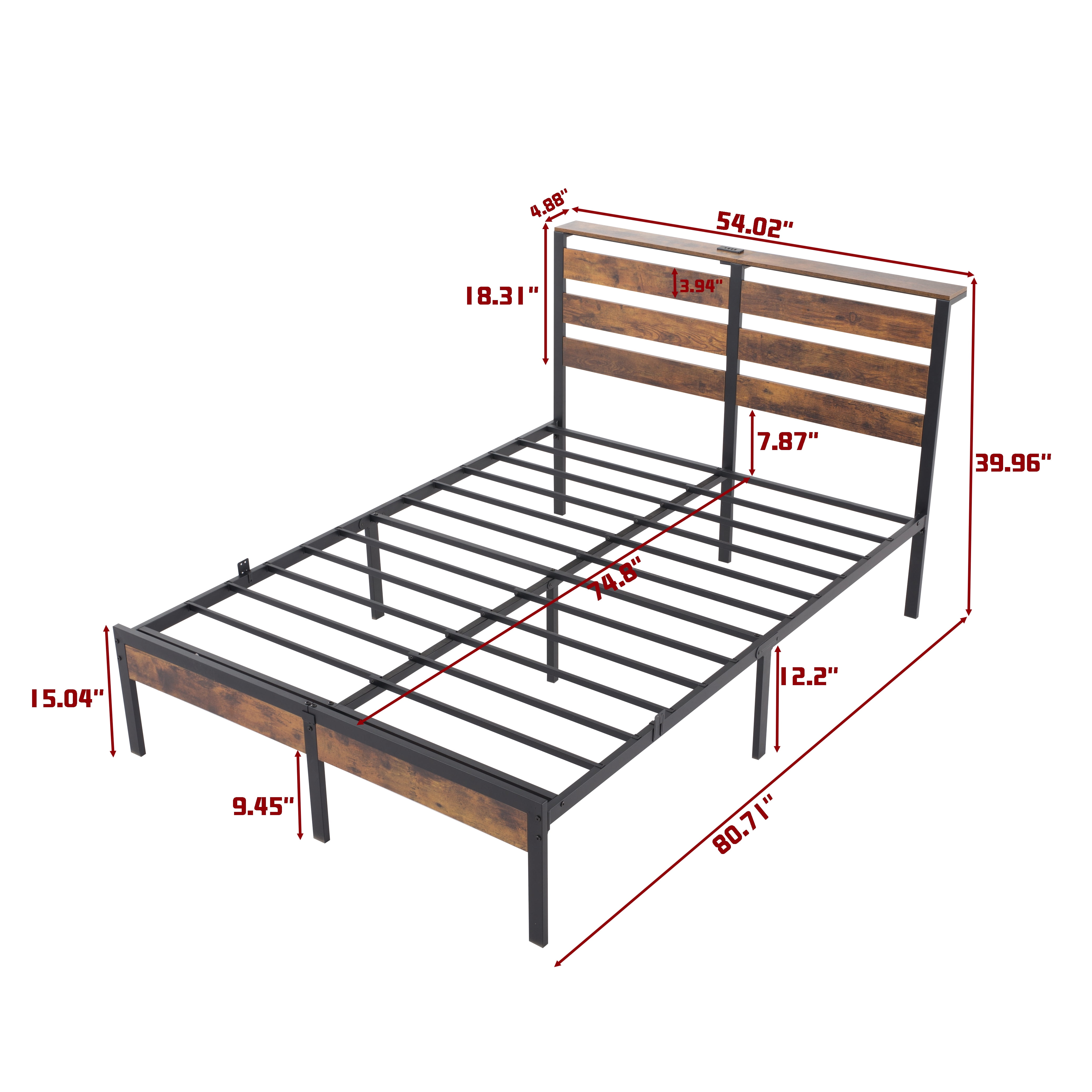 Gewnee FULL Size Metal Bed Frame with RGB Lights and Charging Station, No Box Spring Needed, Spacious Under-Bed Storage, Ideal for Bedrooms, Dorms, and Guest Rooms，Rustic Brown