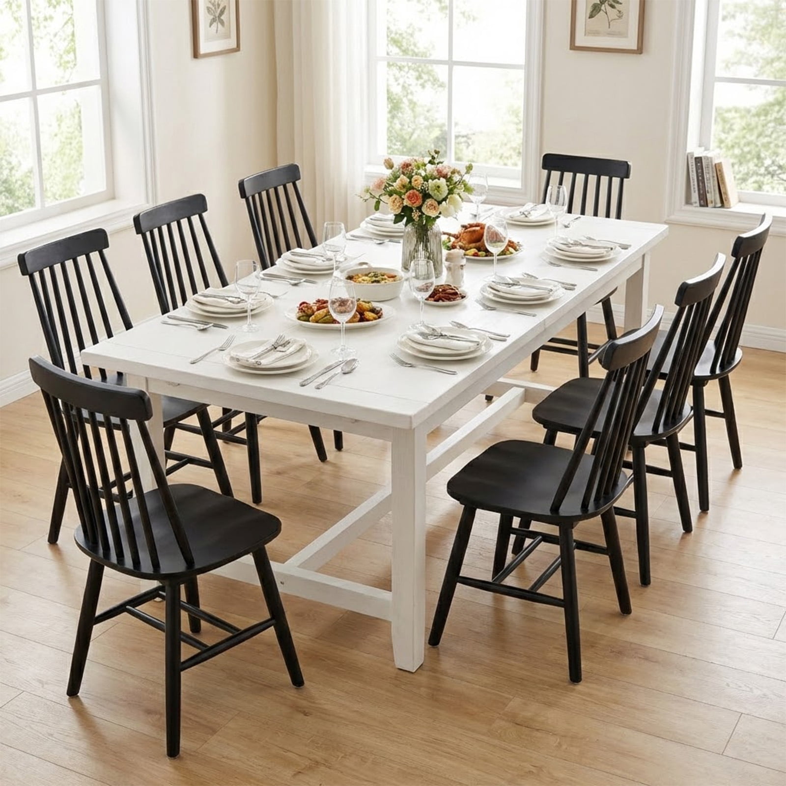 Windsor Dining Chairs Set of 8, Solid Wood Spindle Back Kitchen Side Chairs, Modern Farmhouse Armless Wooden Seating, Black