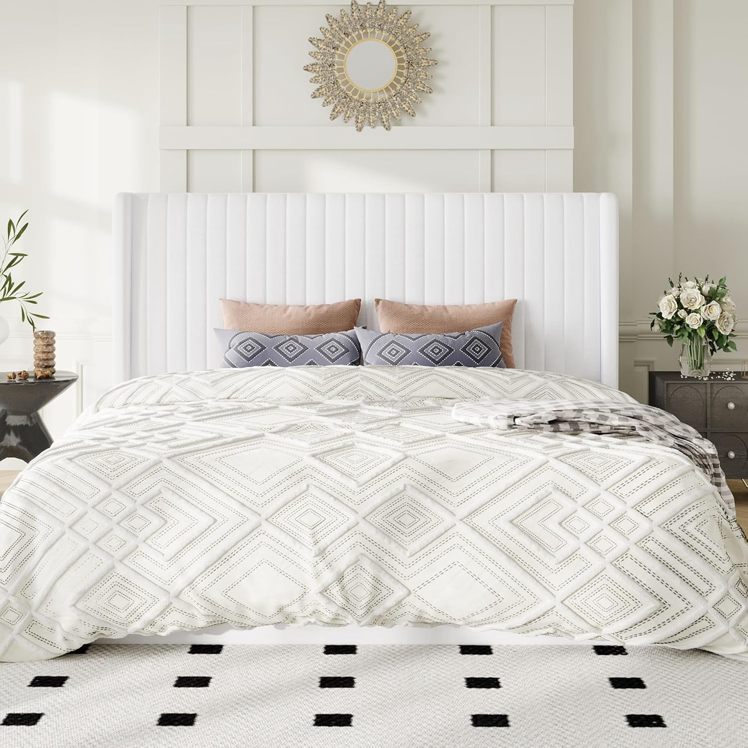 Allewie King Size Lift Up Storage Bed Frame, Hydraulic Support System, Upholstered Platform Bed Frame, Vertical Channel Tufted Headboard with Wingback, White