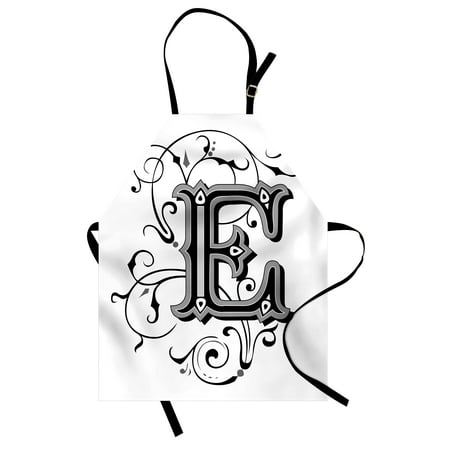 Swirl Alphabet (Letter E Apron Capitalized E Alphabet Geometrical Design Lines Swirls Dark Color Spectrum, Unisex Kitchen Bib Apron with Adjustable Neck for Cooking Baking Gardening, Black Grey White, by)