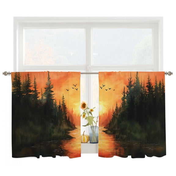 Fall Forest Sheer Curtains for Living Room Bedroom, Watercolor Sunset Light Filtering Sheer Curtain Rod Pocket Voile Window Treaments Drapes, 52 x 45 Inches