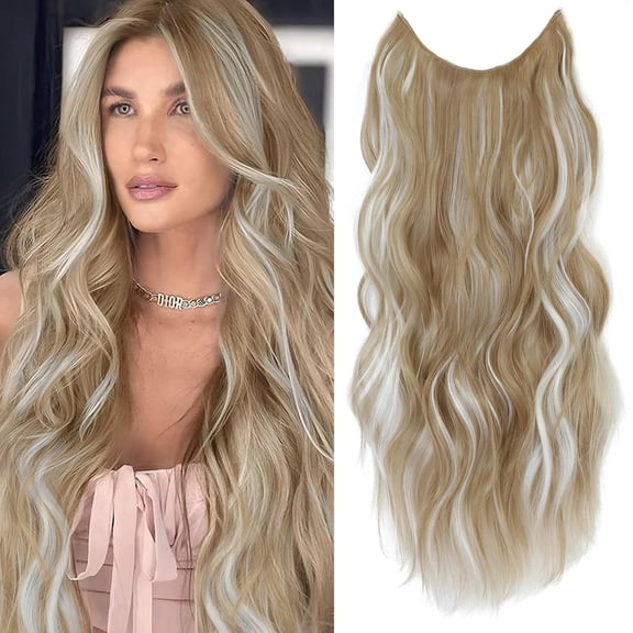Halo Hair Extensions 24 Inch Invisible Wire Hair Extensions Adjustable Long Wavy Hairpiece Synthetic Upgrade 4 Secure Clips in Hairpieces 24 Inch,Deep Ash Blonde Mix Platinum Blonde
