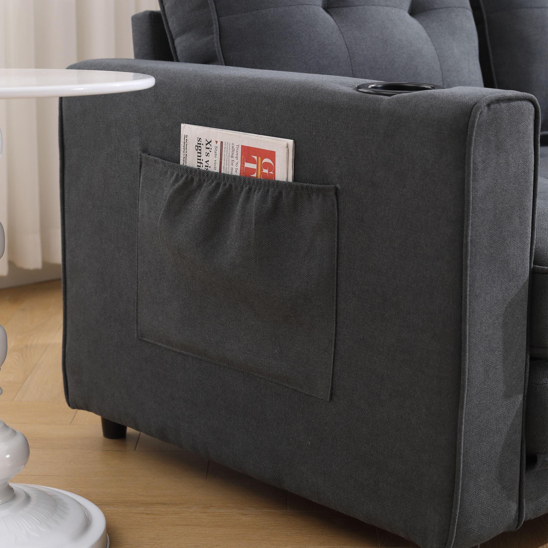 UHOMEPRO Convertible Futon Sofa Bed, Pull Out Loveseat Sleeper Sofa with Side Pockets and Cup Holders, Comfy 3-in-1 Foldable Sofa Couch, Upholstered Floor Couch for Living Room Apartment, Dark Gray