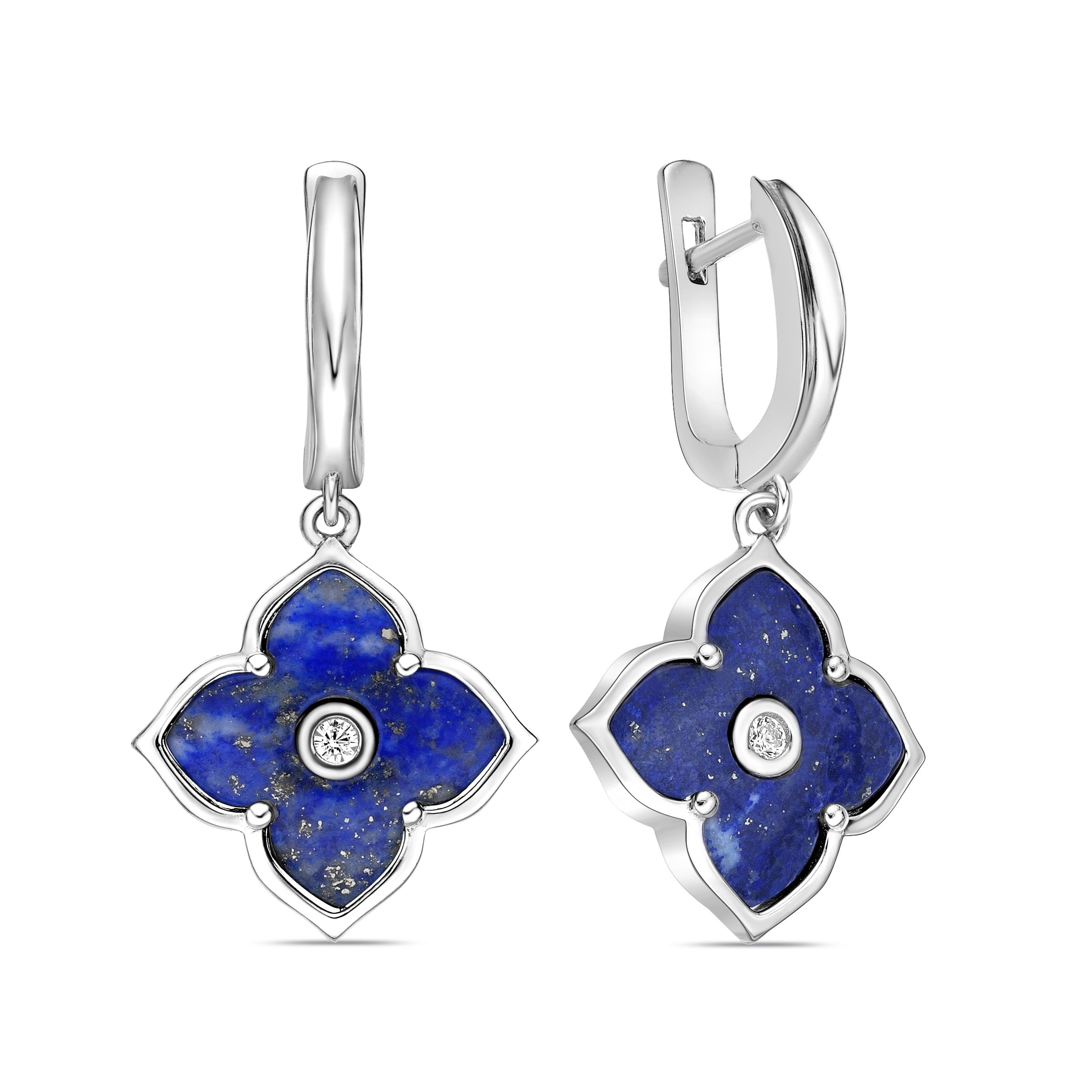 Blue Lapis Flower Dangle Drop Earrings for Women with Cubic Zirconia in 925 Sterling Silver Hinged Back by Lavari Jewelers