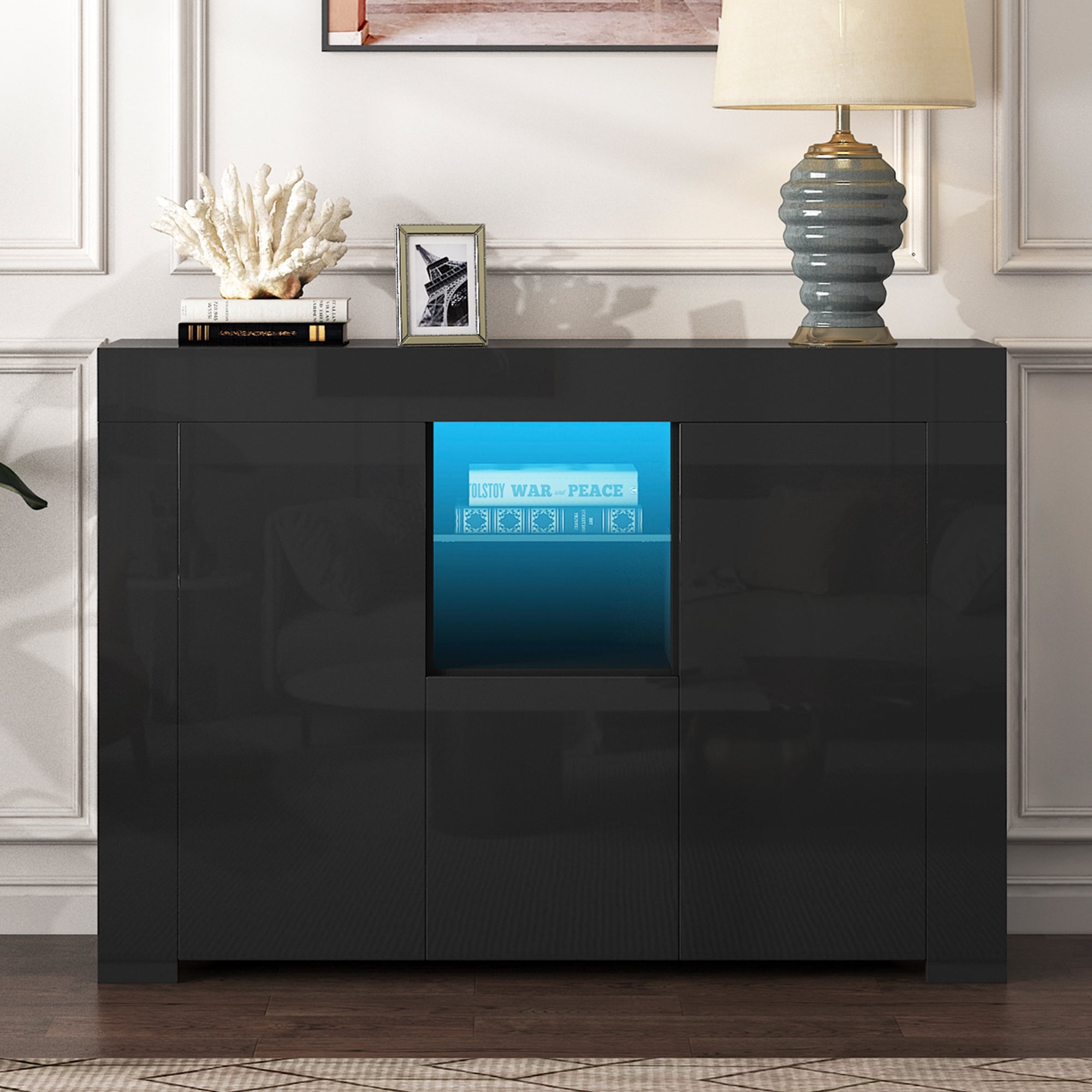PAPROOS Black Buffet Cabinet High Gloss Kitchen Sideboard Cupboard with LED Lights Modern Dining Room Sideboards and Buffets Wood Storage Buffet