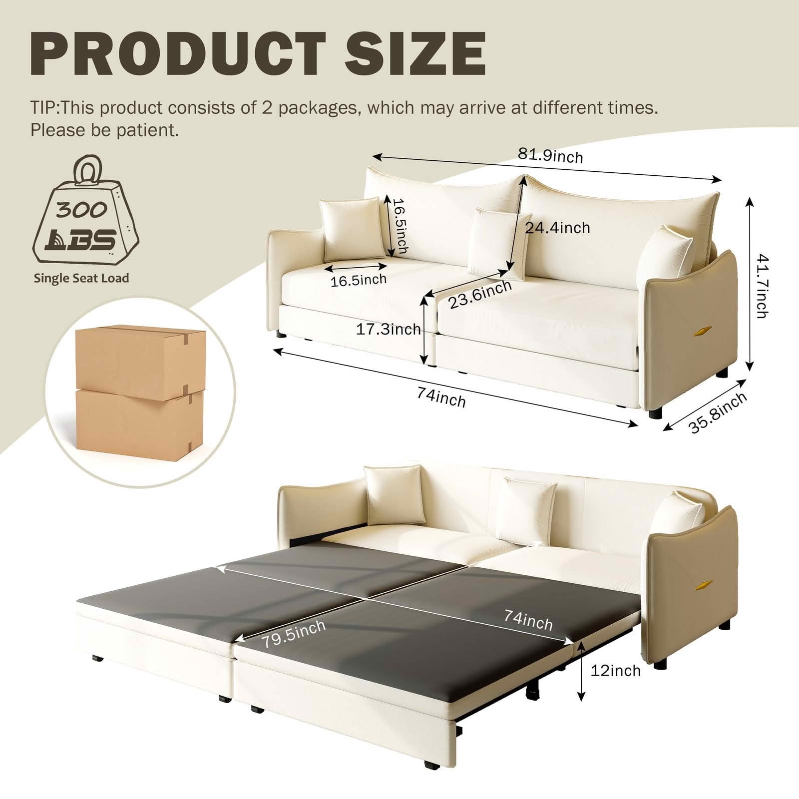 MAYEERTY 81.9" King Pull‑Out Velvet Sofa Bed, 3‑in‑1 Convertible 3‑Seater Couch with Golden Accent, 3 Pillows Included for Small Space & Living Room
