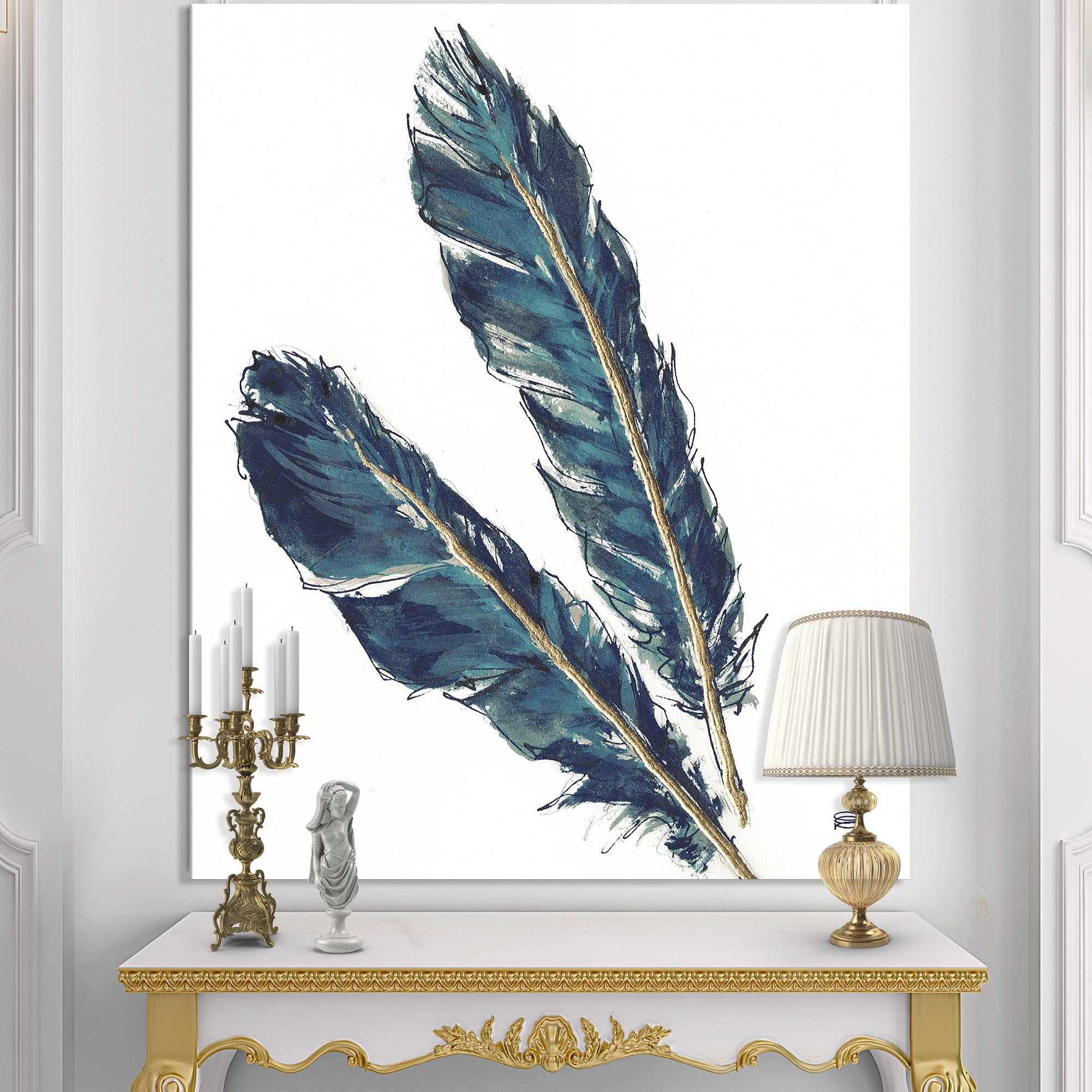Designart 'Gold Indigo Feathers III' Modern Bohemian Canvas Art